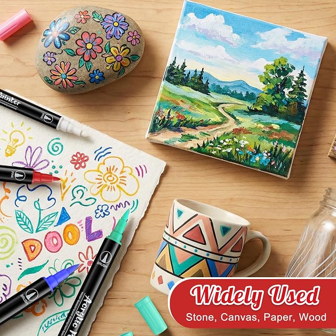 Thboxes 24 Colors Acrylic Paint Markers - Waterproof Dual Tip Paint Pens for Rock Painting, Fabric, Wood, Glass, Canvas - Valentines Day Gifts & Art Supplies