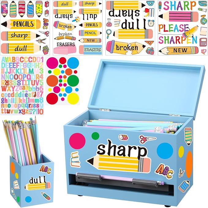Mifoci 8 Pcs Wooden Pencil Dispenser Kit for Classroom Wooden Pen Holder Straw Dispenser Sharp and Dull Letter Stickers for Teachers Classroom Supplies Storage (Light Blue)