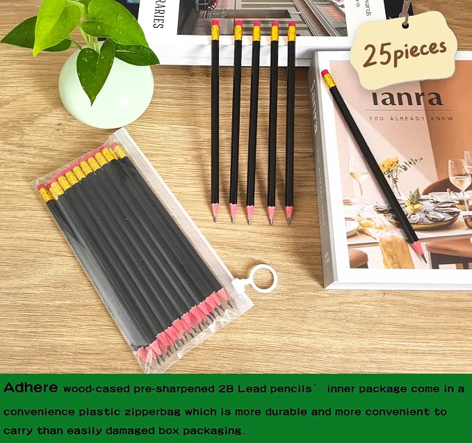 Adhere 25pcs Woodcase Pencils with Eraser Premium Pre-Sharpened Hexagon Graphite 2B pencils ideal for home, office writing including a Free Sharpener(Black・25pcs)