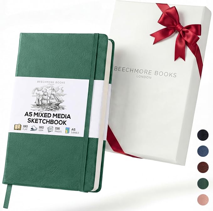 BEECHMORE BOOKS A5 Mixed Media Sketchbook - 5.8"x8.3" Hardcover Lay-Flat Art Journal, 160 GSM / 98 lb Professional Perforated Paper, Gift Box, for Drawing, Ink and Light Watercolor