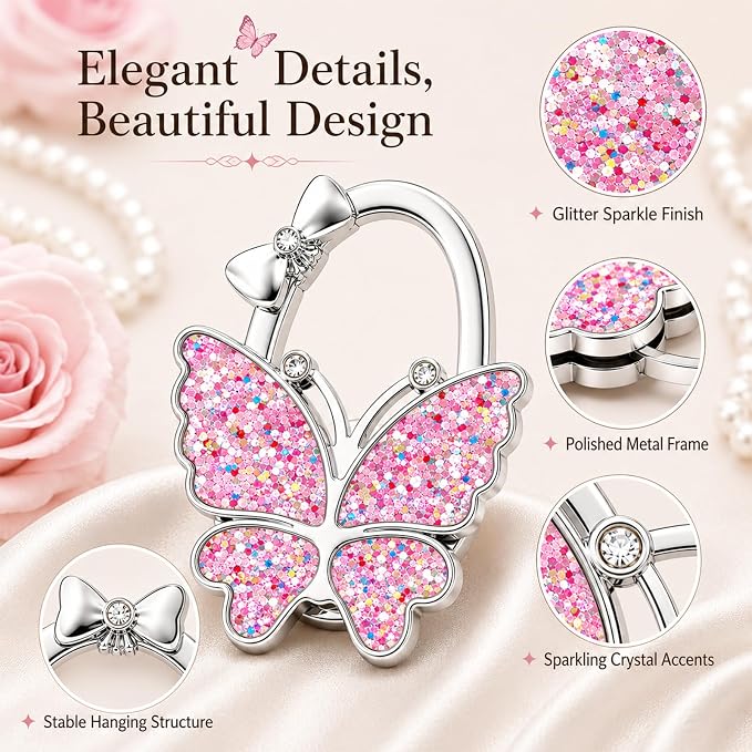 Purse Hook for Table, Foldable Handbag Hanger for Women, Portable Bag Holder with Non-Slip Base, Cute Sequin Colorful Butterfly Purse Table Hook for Restaurant Office Travel Gift