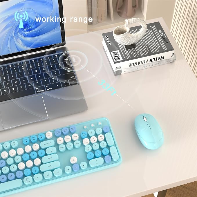 MPTOG Colorful Wireless Computer Keyboard and Mouse Combo (Blue-Colorful) | Retro Round Typewriter Keycaps, Power Switch, Ergonomic Design, 2.4GHz Wireless for Windows, Mac, PC