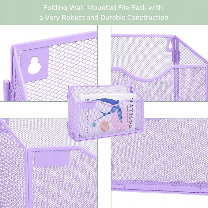 1 Pocket Mesh Wall File Holder Organizer Office Hanging File Folder Magazine Rack, Nametag Label Hooks Set Included (Purple)