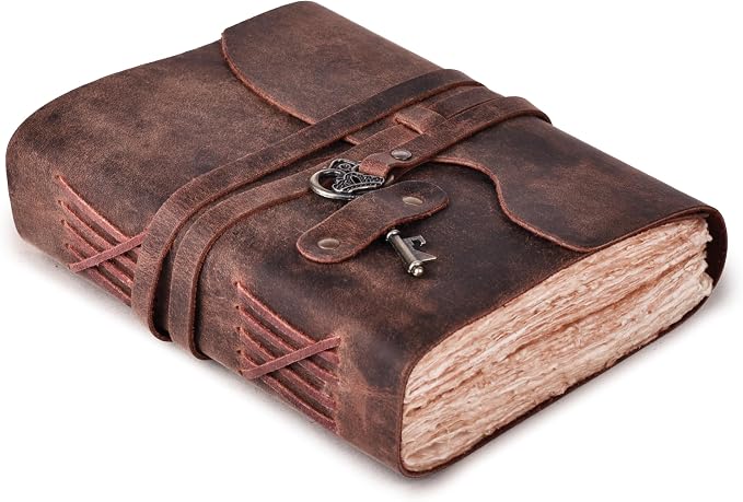 LEATHER VILLAGE Vintage Leather Journal – 200 Handmade Vintage Deckle Edge Paper – Leather bound Journal For Women Men – Vintage Key Closure - Book of Shadows - 8X6 inches (A5) - Fuchsia