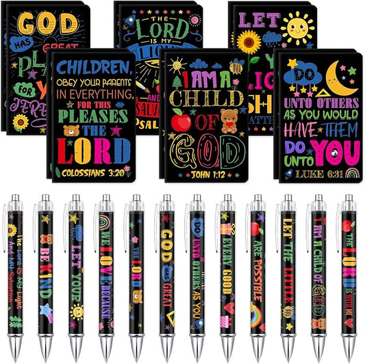 Colarr 12 Sets Christian Bulk Gifts for Women Bible Verse Pens Notebooks Religious VBS Scripture Ballpoint Pens Bookmarks Journal for Easter Sunday School Church Inspirational Supply(Retro)