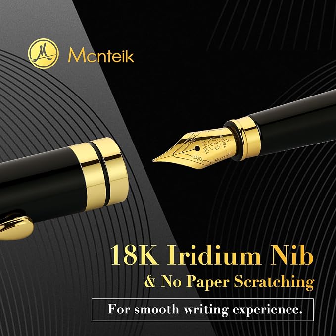 MCNTEIK Fountain Pen-Luxury Black and Gold Finish, 18K Gilded Nib(Fine), Smooth Ink Flow, Complete Set with 4 Black Ink Cartridges, Converter & Gift Box-Ideal for Professionals, Office, Journaling