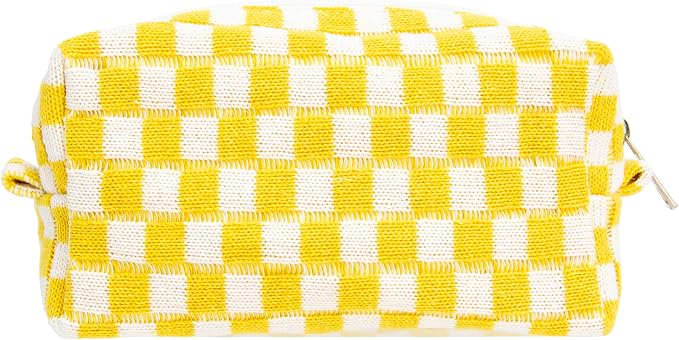 PAZIMIIK Checkered Makeup Bag for Purse, Small Travel Cosmetic Pouch,Yellow | Cute Zipper Makeup Organizer for Women, Travel Essentials, Toiletries, Makeup Brushes, Beauty Accessories&Bridesmaid Gifts