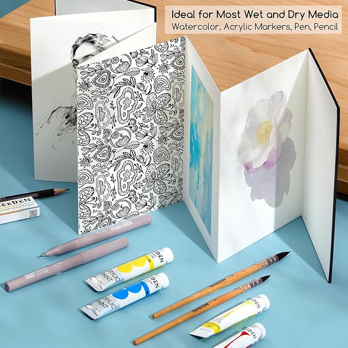 MEEDEN Portable Watercolor Paper Sketchbook: 140lb/300gsm Acid Free Concertina Sketchbook for Travel - Accordion-Fold 100% Cotton Water Color Journal Paper for Wet/Dry Techniques, Cold Press
