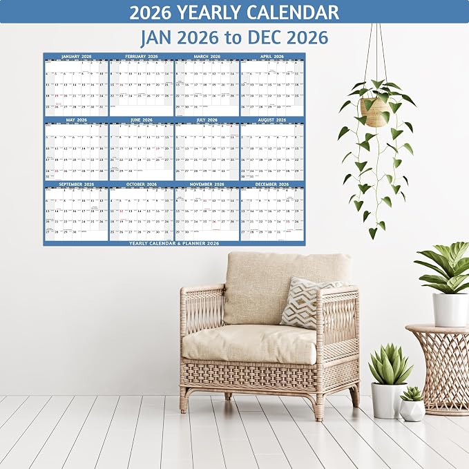 2026 Dry Erase Calendar – Large Yearly Wall calendar 2026, 33.7'' x 45.1'', 2-Side Reversible Calendar 2026, Vertical/Horizontal, Jan 2026 – Dec 2026, 2026 Wall Calendar with Notes, Stickers - Light Blue