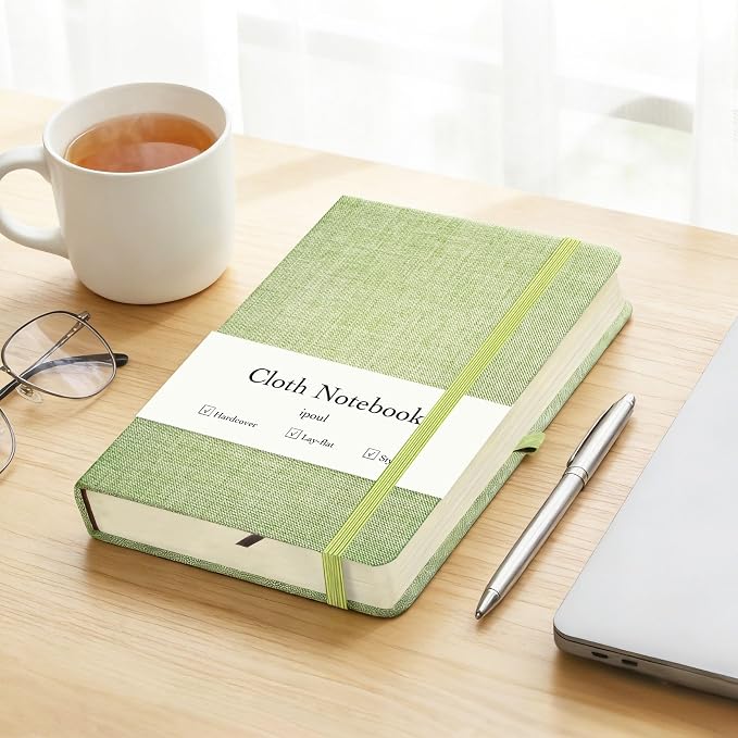 Linen Notebook, College Ruled, Hardcover, Lay Flat, B6, Small, 5x7, Thick, 100gsm, Green, Journal for Writing, Notebook for Work, Office