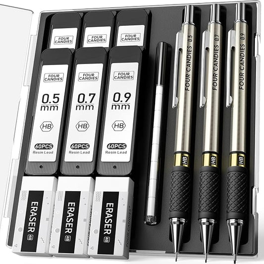 Metal Mechanical Pencil Set, 0.5/0.7/0.9mm, 3-Pack with Storage Case | 360 Leads, 3 Erasers+9 Refills, Non-Slip Grips, For School Writing, Sketching, Art Drawing & Professional Drafting