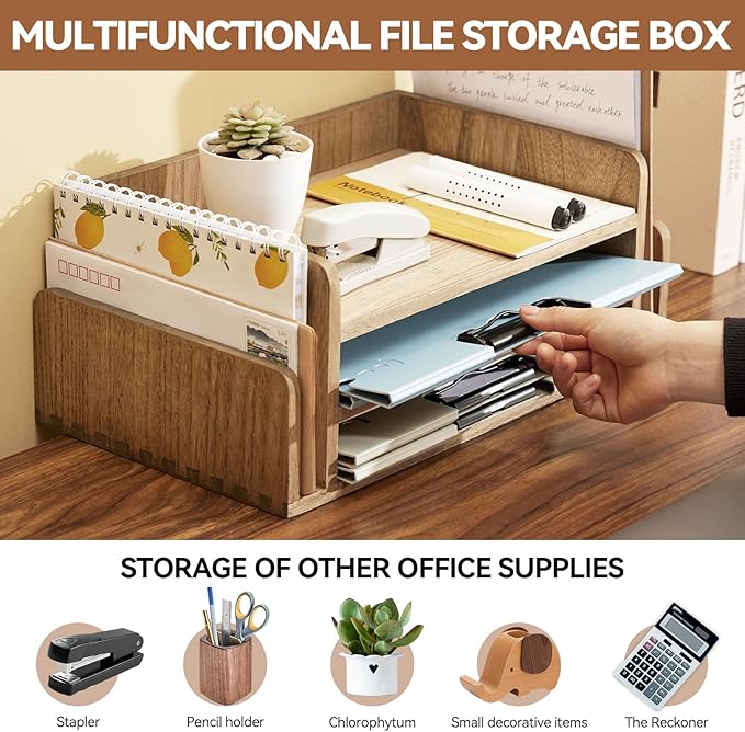 KIRIGEN Wood Desk Organizer, 5-Tray Letter Tray and Mail Sorter, Brown 2TP | Solid Wood 3-Tier Desktop Organizer with 5 Storage Areas for Mail, Folders, Letter Paper and Office Supplies, Fully Assembled