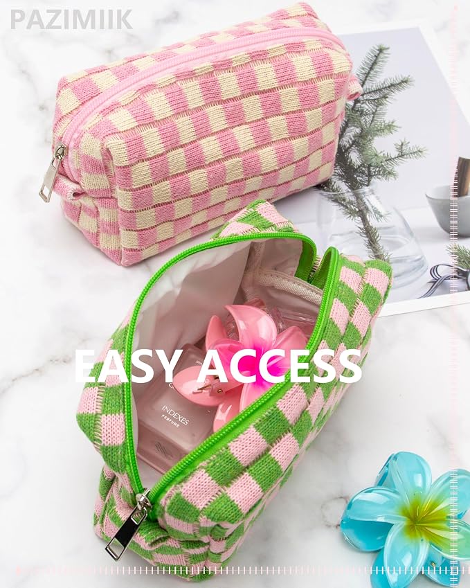 Checkered Makeup Bag for Purse, Small Travel Cosmetic Pouch,Pink Green | Cute Zipper Makeup Organizer for Women, Travel Essentials, Toiletries, Makeup Brushes, Beauty Accessories&Bridesmaid Gifts