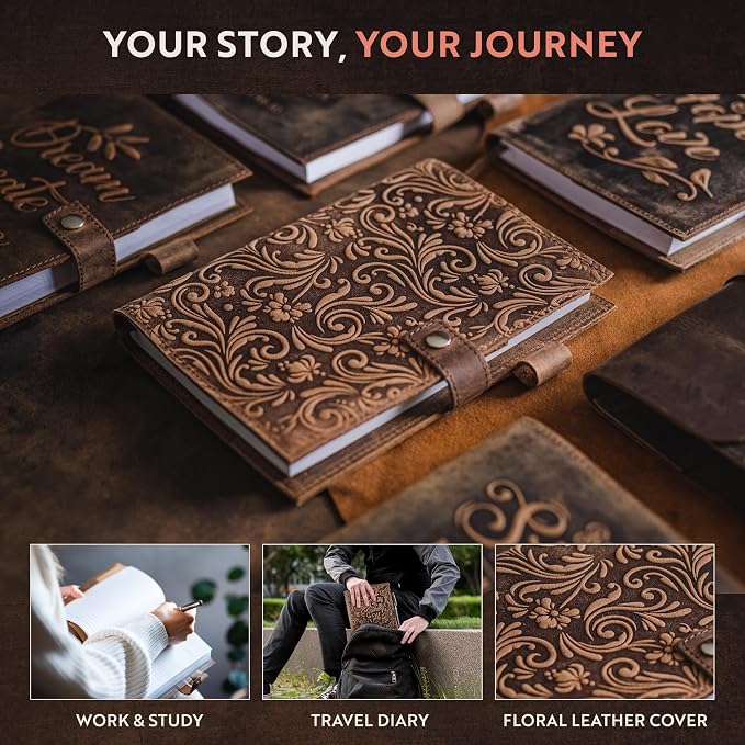 moonster Leather Journals for Women for Writing - Flower Journal, Refillable Leather Bound Journal - Vintage Leather Notebook Journal, 320 Lined Pages A5 with Metallic Grey and Rose Gold Luxury Pen