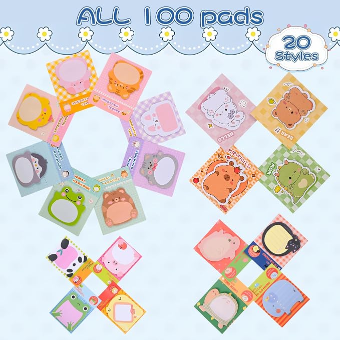 Ulema 100 Pads Cute Sticky Notes Cartoon Animal Party Favors Kawaii Mini Sticky Notes for Teacher Appreciation Gift Classrooms Rewards Memo Pads Notes Page School Tab for School Office Supplies