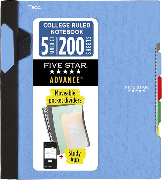 Five Star Advance Spiral Notebook + Study App, 5 Subject, College Ruled Paper, 8-1/2" x 11", 200 Sheets, Spiral Guard, Movable Tabbed Dividers, Pacific Blue (73150) (Pack of 6)