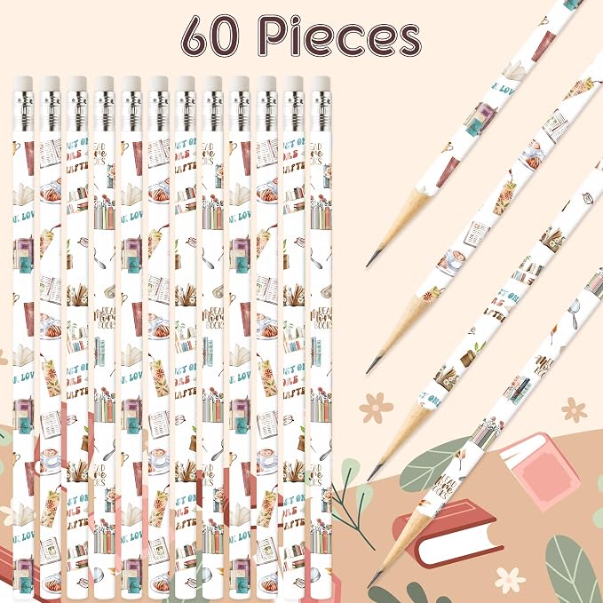 Xqumoi 60Pcs Book Lover Pencils with Erasers - Bookish #2 HB Wooden Pencils in Bulk Reading Party Favors Book Club Bookworms Gifts Student Classroom Rewards Back to School Goodie Bag Fillers