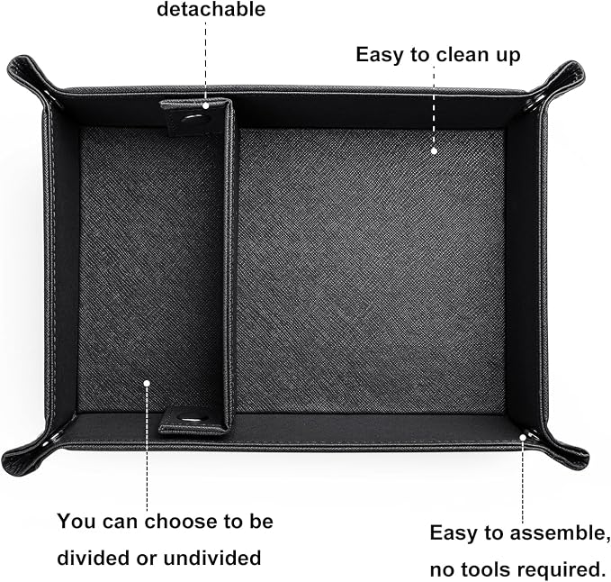 Valet Tray for Men PU Leather Tray Organizer with Partition Luxurious | Night Stand During Trays Storage Keys, Watch & Practical Storage for Table Nightstand Living Room Bedroom (Black)