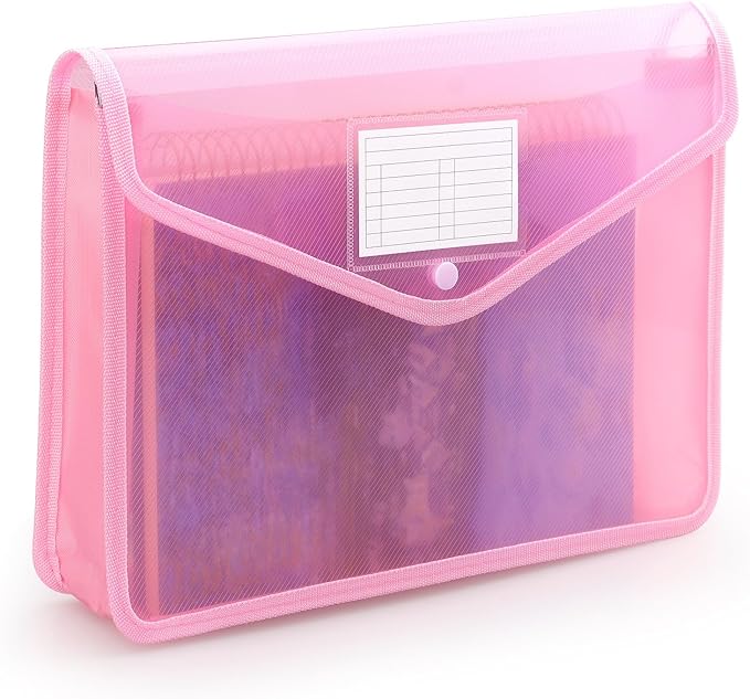 Tamaki Plastic Expanding File Folder, Fit Letter/A4 Size, Pink, 1 Pack | Transparent envelopes with Snap Closure, No Dividers, Large Capacity