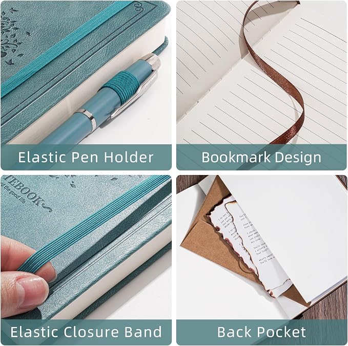 OnMove Lined Notebook with Gift Box for Women Men 320 Pages A5 Hardcover Leather with Pen Holder College Ruled Journals for Work Note Taking Travel School Sky Blue