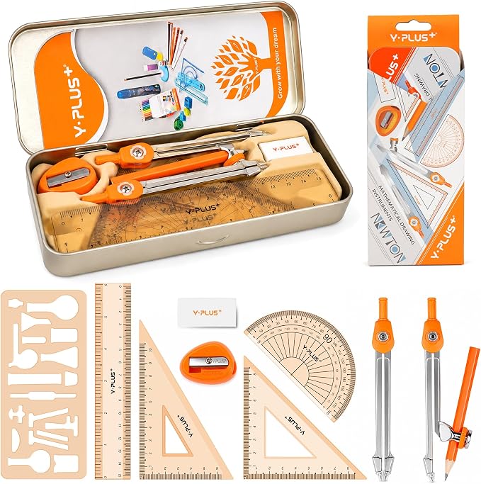 YPLUS Geometry Set, Protractor and Compass Set for Students, 11Pcs | Compass Drawing Tool with Metal Case, Protractor, Formula Card, Rulers, Mechanical Pen, School Supplies for Students
