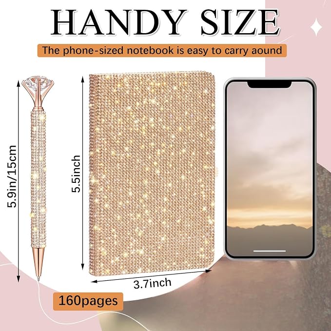 Rhinestone Pen & Glitter Notebook Set, Hard Cover Bling Diary Journal for Girls, Cute School Supplies for Back to School, Sparkly Desk Accessories Gift for Women(Rhinestone,A6,Rose Gold)