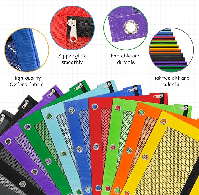 IKAYAS 3 Pack Pencil Pouch for 3 Ring Binder with Zipper, Pencil Pouch Bags for Classroom, Storing School Students Teacher Supplies, Red Green Blue