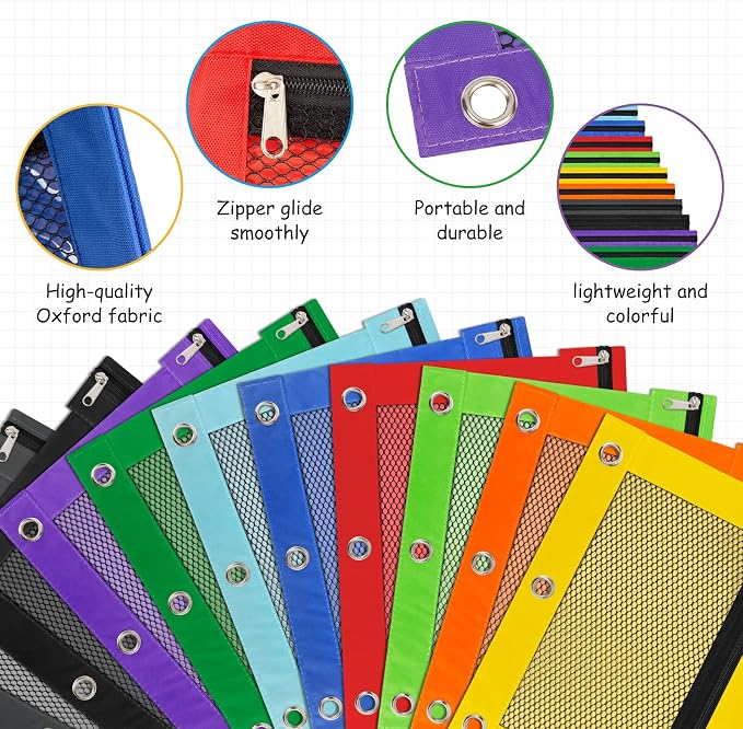 40 Pcs Colorful Pencil Binder Pouch with Zipper, 3 Ring Binder Pencil Case for Classroom Supplies