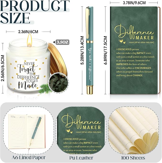 4 Pcs Difference Maker Gift Set Mug Notebook Candle Pen,Dark Green,Word