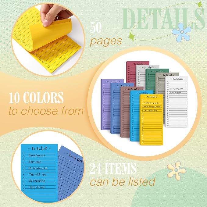 Censen 10 Pack 500 Sheets to Do List Notes Daily Checklist Notepad with 50 Sheets Undated Memo Pad Color Block Shopping List Weekly Plan Notepad Organizer Planners(Assorted Color,Lined)