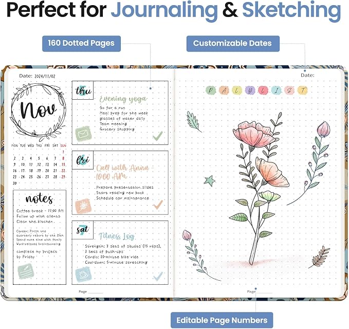 Dotted Journal Notebook for Women & Men, Hardcover Leather Journal for Writing, A5 Dotted Journaling Notebook for Work & Sketching, Perfect for Office School Home Supplies, 160 Pages, Lineage Flora