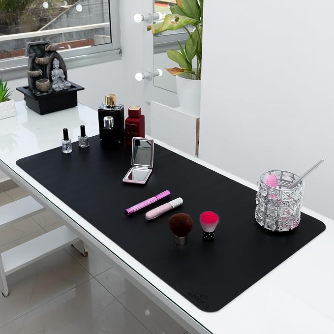 Desk Mat -Computer Desk mat with Non Slip Suede Bottom with Stitched Edges- Waterproof - Leather Desk pad PU Desk Cover for Home, Mouse, Makeup Mat for Vanity (Black, 31.5 x 15.7)