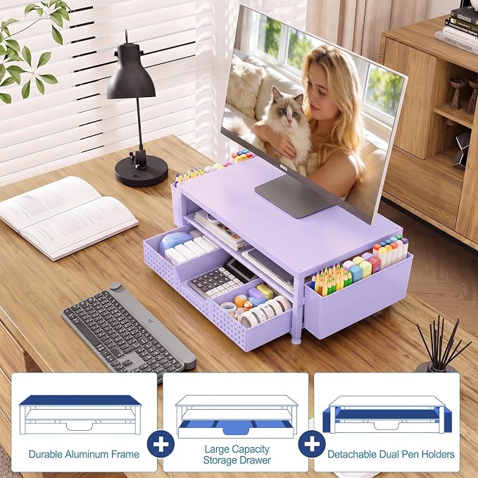 OPNICE Desk Organizers and Accessories, 2-Tier Computer Monitor Stand Riser with Drawer and 2 Pen Holders, Laptop Stand, Office Desk Accessories for Office Supplies, Purple