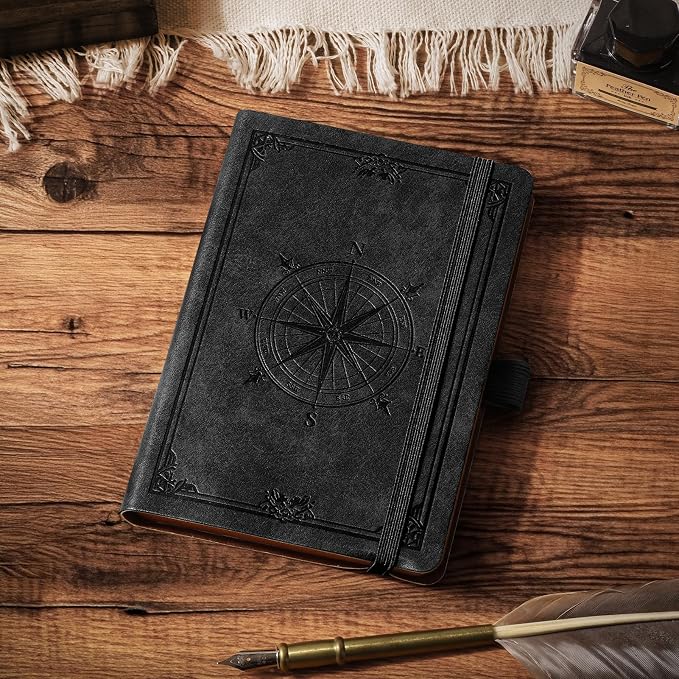 AHGXG Small Lined Pocket Notebook, 256 Numbered Pages, B6 (4.1'' X 5.7'') | College Ruled Mini Journal, Vintage Leather Softcover, 80gsm Paper, for Men Women Work Office School (Black)