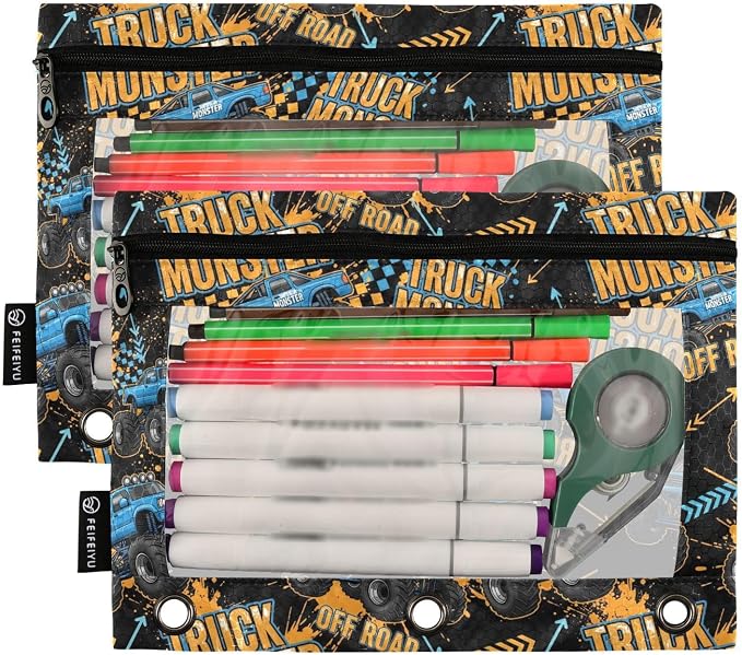 Emelivor Truck Cool Black Pencil Pouch for 3 Ring Binder 2 Pack Large Capacity Pencil Pouches with Zipper Clear Binder Pencil Case Bag for Office College Daily Supplies