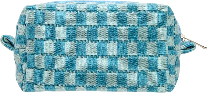 Checkered Makeup Bag for Purse, Small Travel Cosmetic Pouch,Lake Blue | Cute Zipper Makeup Organizer for Women, Travel Essentials, Toiletries, Makeup Brushes, Beauty Accessories&Bridesmaid Gifts