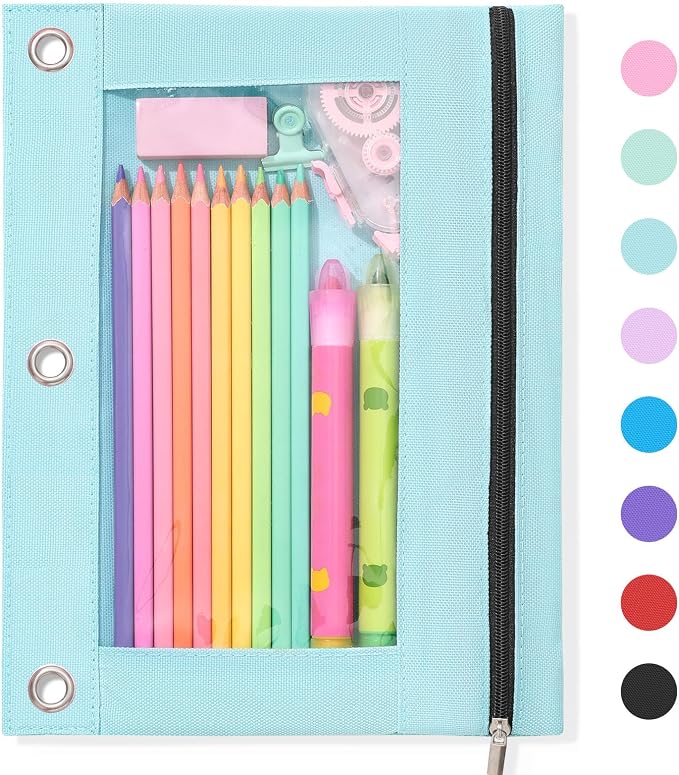 SUNEE Pencil Pouch for 3 Ring Binder, Large Zipper Pencil Case with Clear Window, 3 Reinforced Grommets, Binder Accessories for School and Office Supplies Storage, Light Blue