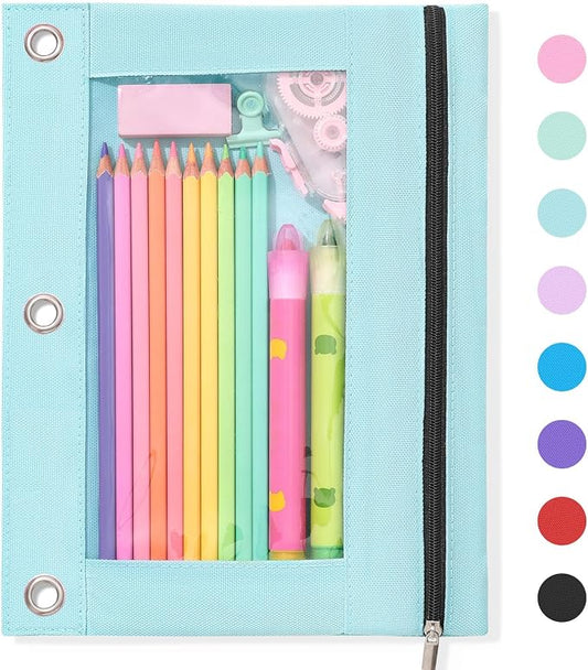 SUNEE Pencil Pouch for 3 Ring Binder, Large Zipper Pencil Case with Clear Window, 3 Reinforced Grommets, Binder Accessories for School and Office Supplies Storage, Light Blue