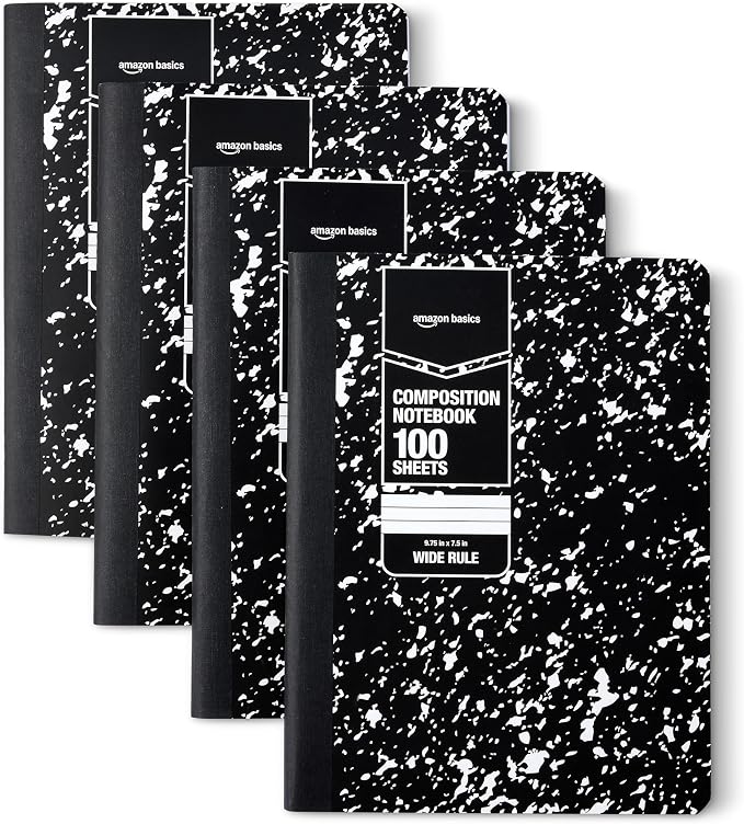 Amazon Basics Composition Notebook, Wide Ruled, 100 Sheets, 9.75" x 7.5", Marble Black, Sturdy Cover with Conversion Charts, for School, Home, and Office Use, 4-Pack