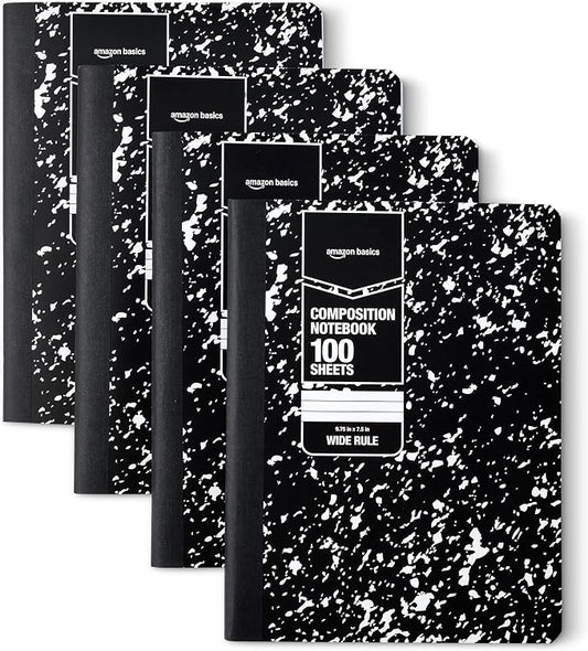 Amazon Basics Composition Notebook, Wide Ruled, 100 Sheets, 9.75" x 7.5", Marble Black, Sturdy Cover with Conversion Charts, for School, Home, and Office Use, 4-Pack
