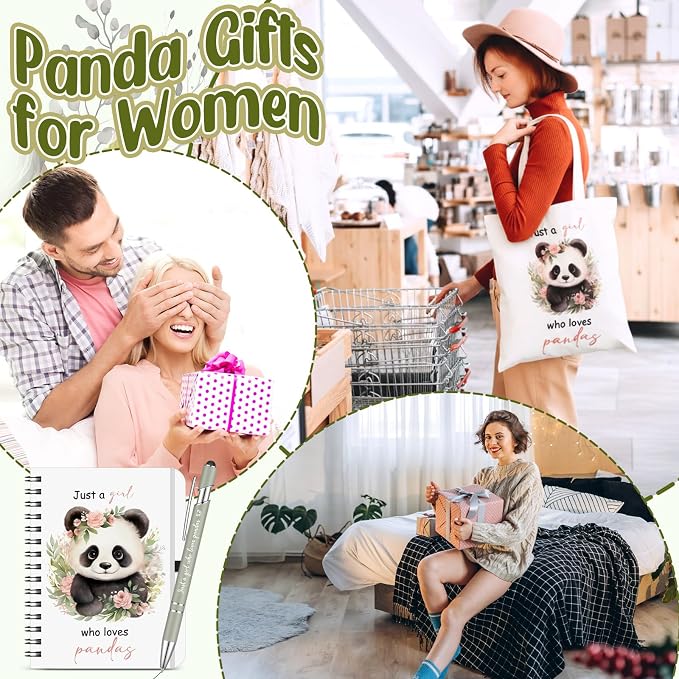 Kinlop 5 Pcs Panda Gifts for Women Include Just a Girl Who Loves Pandas Tote Bag Canvas Cosmetic Bag Coil Notebook Keychain and Ballpoint Pen for Women Girls