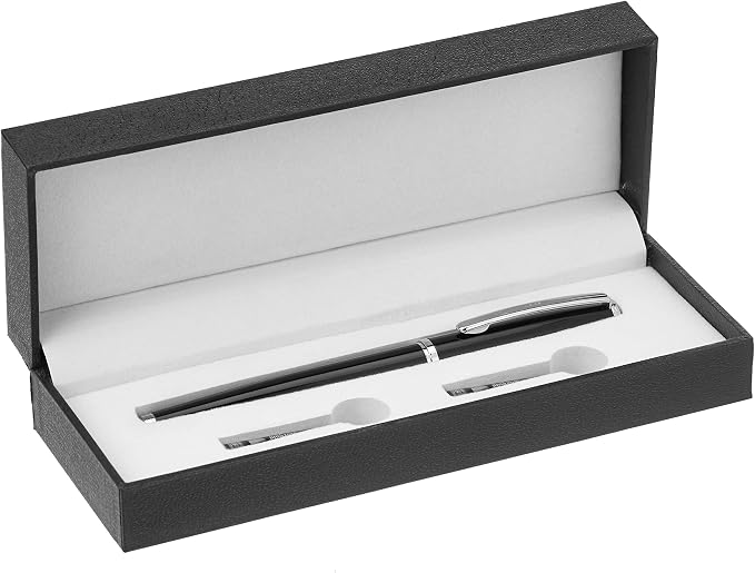 Amazon Basics Refillable Fountain Pen with Smooth Writing, Medium Point, Black Metal Barrel, Black Ink, 2 Replacement Cartridges