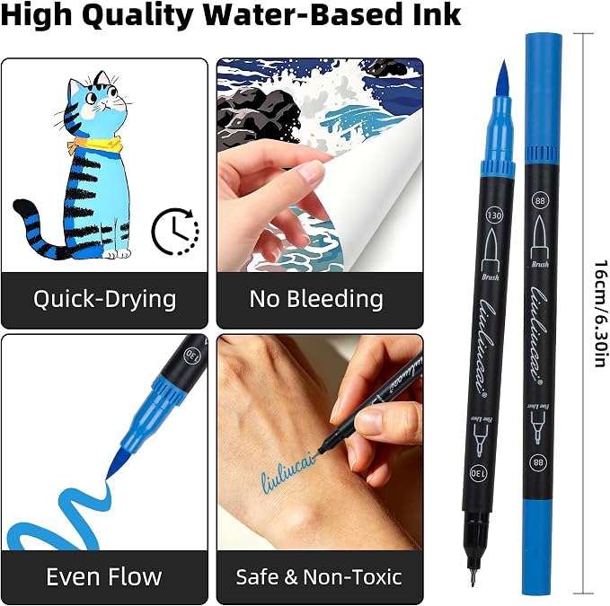 LIULIUCAI 10 Blue Dual Markers, Fine & Brush Tip Pen for Adult Coloring | Ocean Blue Markers, Coloring Pens for Sky Sea, Water Effects, Calming Art, Outlining Journaling Calligraphy Illustration