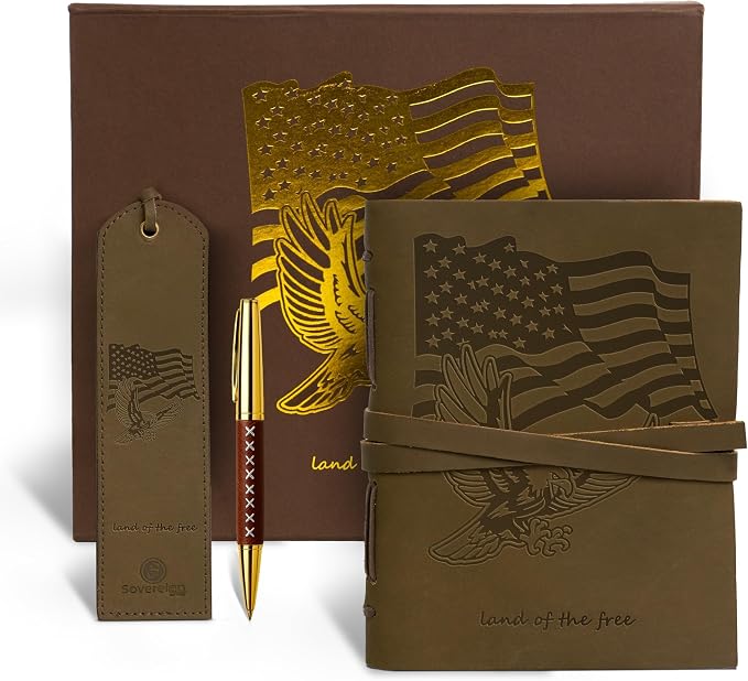 Sovereign-Gear - USA Flag Leather Journal Gift Set - Embossed Buffalo Leather Notebook with Pen & Bookmark - Patriotic Writing Journal for Men & Women - Gift for Veterans, Military, First Responders