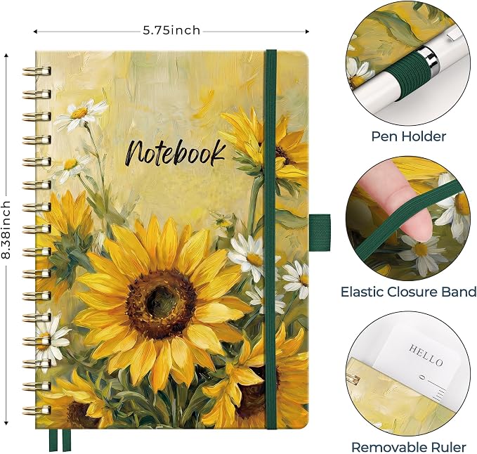 AHGXG Spiral Journal Notebook, 160 Lined Pages, A5 Size (5.7'' x 8.3'') | for Women, Journaling, Writing, Work & Office, Hardcover, 100 GSM Thick Paper (Golden Sunflower)