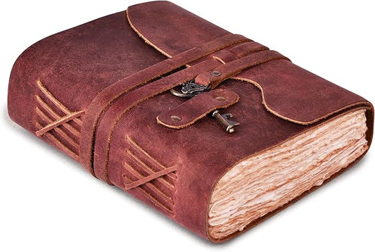 LEATHER VILLAGE Vintage Leather Journal – 200 Handmade Vintage Deckle Edge Paper – Leather bound Journal For Women Men – Vintage Key Closure - Book of Shadows - Red Brown - 6X4 inches (A6)