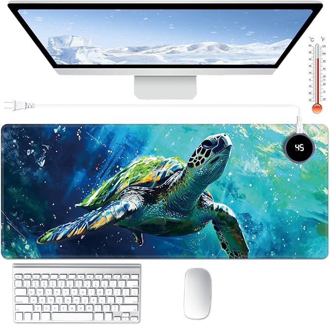 Heated Desk Pad Large Mouse Pad 31.5 x 13 inch with 3 Levels Heating & Auto Shut-Off Warm Mouse pad PU Leather Computer Mousepad for Home Office Work - Colorful Turtles