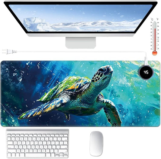 Heated Desk Pad Large Mouse Pad 31.5 x 13 inch with 3 Levels Heating & Auto Shut-Off Warm Mouse pad PU Leather Computer Mousepad for Home Office Work - Colorful Turtles