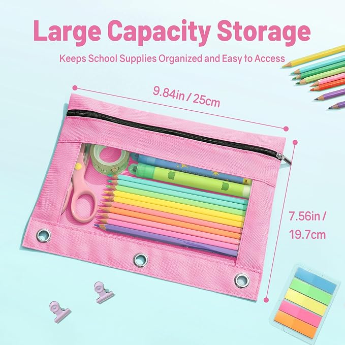 SUNEE Pencil Pouch for 3 Ring Binder, 6 Pack Zipper Binder Pouches, 2 Light Blue, 2 Light Purple & 2 Light Green, Pencil Bag Organizer for School Supplies, Students & Office Use