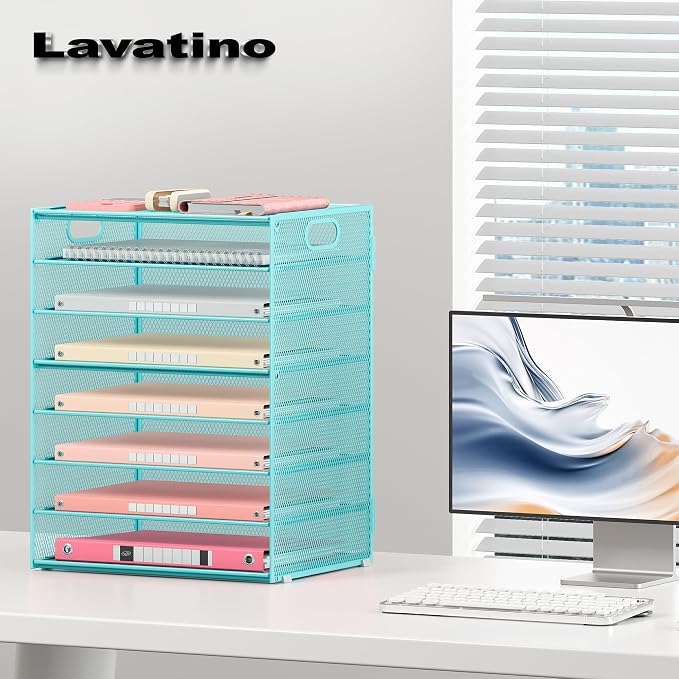 Lavatino 8-Tier Office Desk File Organizer, Letter Tray Paper Organizer with Handle, Including 5 Adjustable Slide Trays for Organizing Desktop Workspace Accessories and Supplies (Blue Metal Mesh)